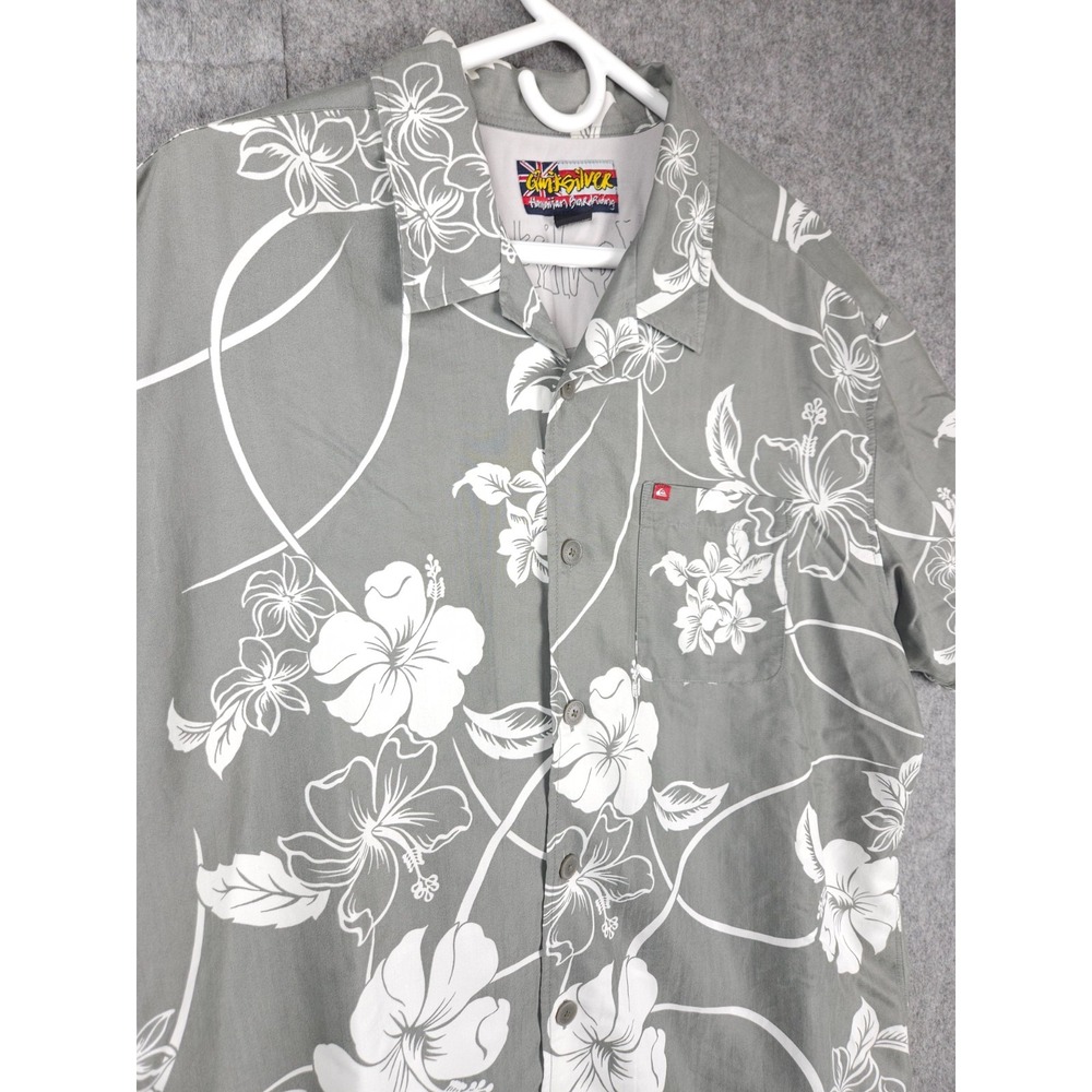 Vintage Quiksilverโ Hawaiian Shirt Men's XL Gray Floral Button Poly Made Korea